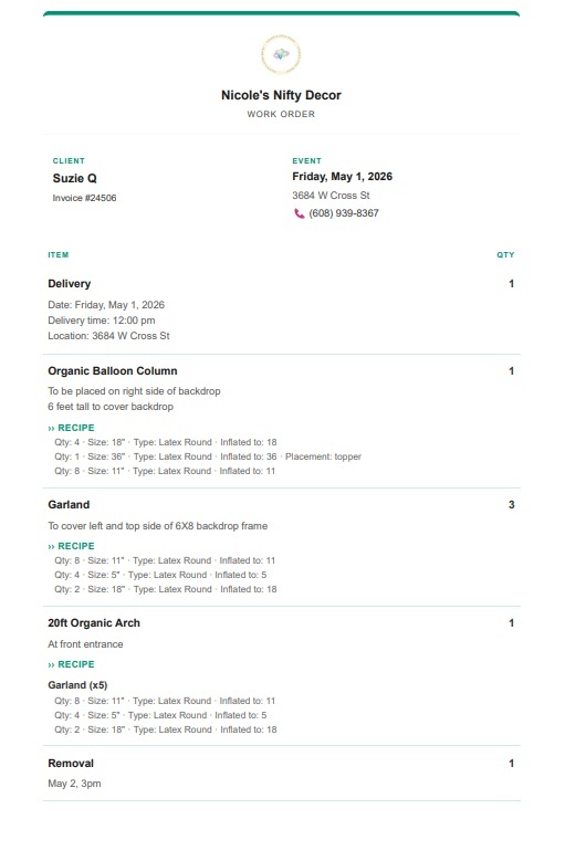 custom-branded price-free work order from Invoice Incognito Pro