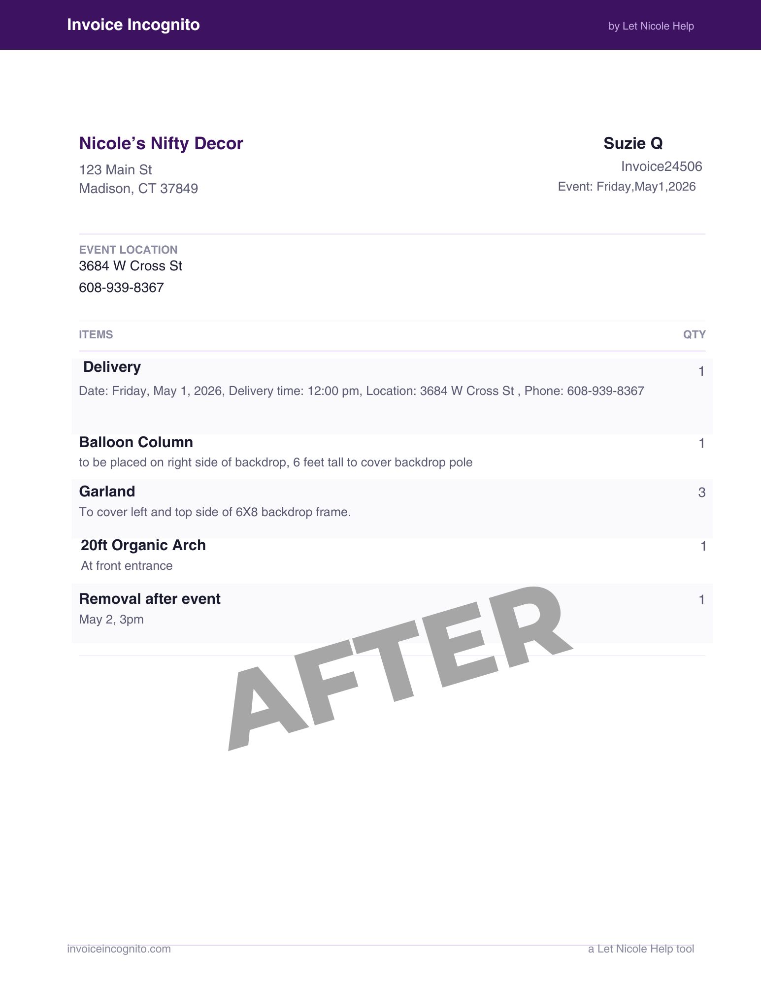 price-free work order from Invoice Incognito