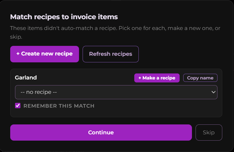 The match pop-up for an invoice item with no recipe yet: pick one, make a new one, or remember the match for next time