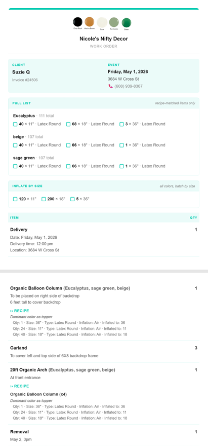 A Pro work order: color pull list, inflate by size, and recipes under each item